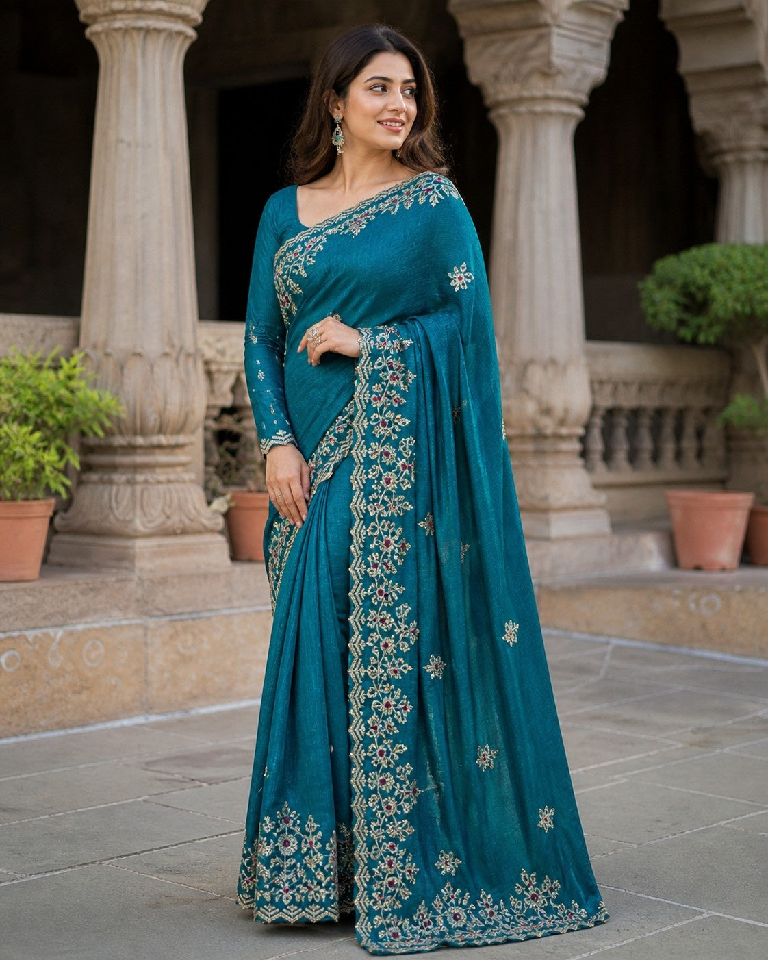 Elegant Teal Blue Embroidered Designer Saree with Intricate Border & Floral Thread Work