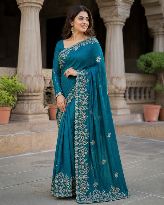 Elegant Teal Blue Embroidered Designer Saree with Intricate Border & Floral Thread Work
