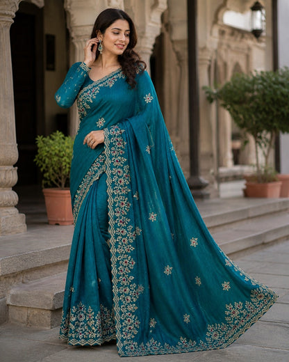 Elegant Teal Blue Embroidered Designer Saree with Intricate Border & Floral Thread Work