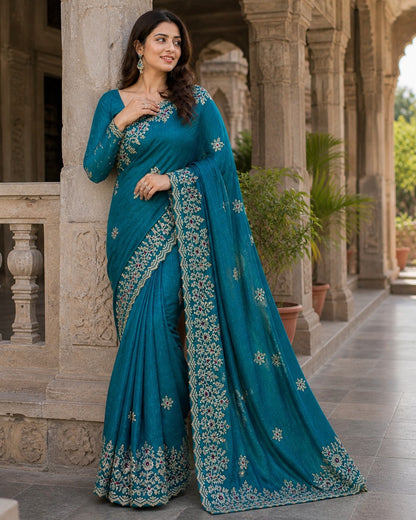 Elegant Teal Blue Embroidered Designer Saree with Intricate Border & Floral Thread Work