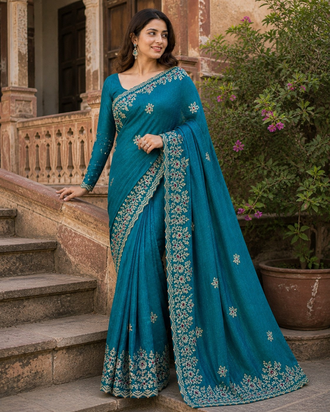 Elegant Teal Blue Embroidered Designer Saree with Intricate Border & Floral Thread Work