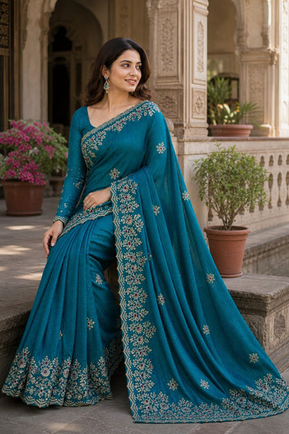 Elegant Teal Blue Embroidered Designer Saree with Intricate Border & Floral Thread Work