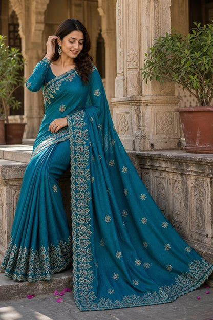 Elegant Teal Blue Embroidered Designer Saree with Intricate Border & Floral Thread Work