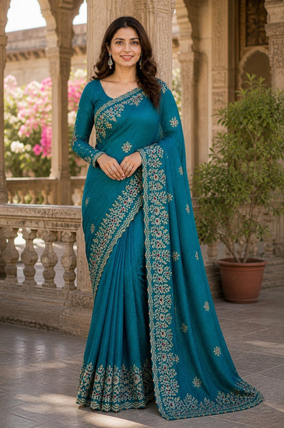 Elegant Teal Blue Embroidered Designer Saree with Intricate Border & Floral Thread Work