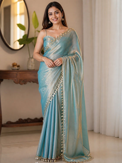Sky Blue Shimmer Saree with Elegant Tassel Lace Border