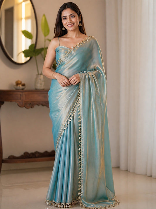 Sky Blue Shimmer Saree with Elegant Tassel Lace Border