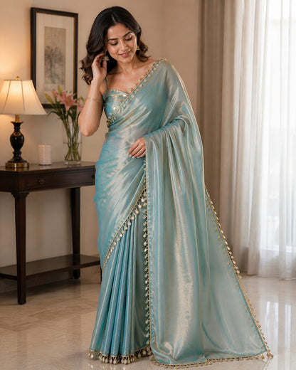 Sky Blue Shimmer Saree with Elegant Tassel Lace Border