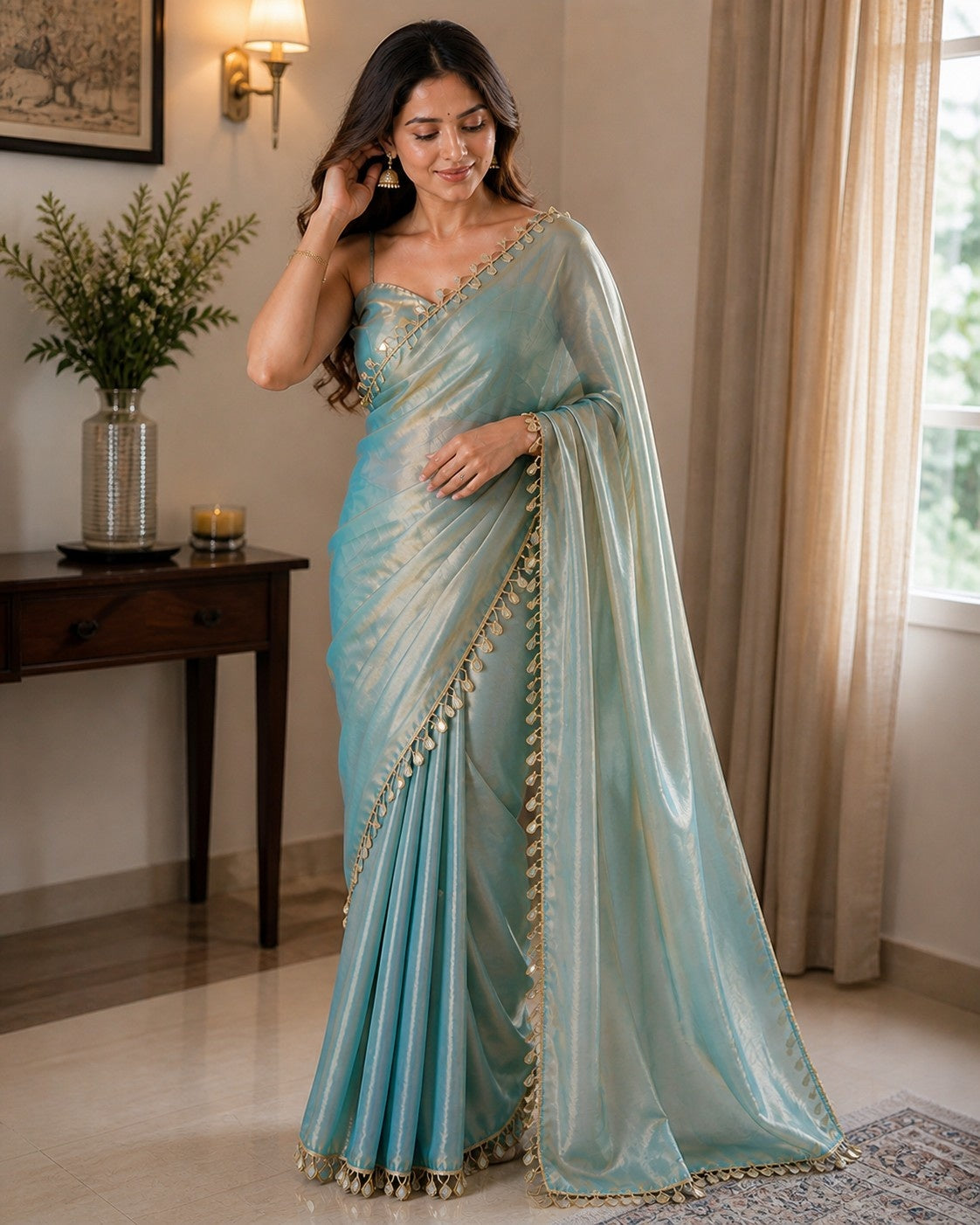 Sky Blue Shimmer Saree with Elegant Tassel Lace Border