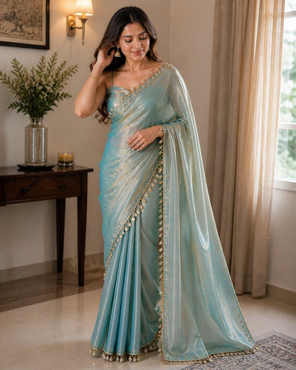 Sky Blue Shimmer Saree with Elegant Tassel Lace Border