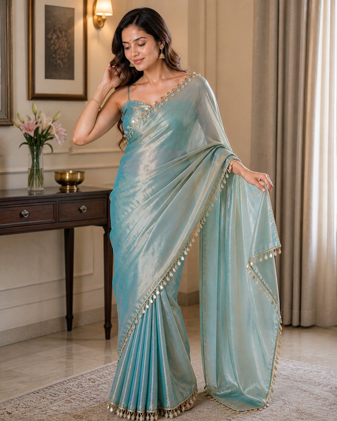 Sky Blue Shimmer Saree with Elegant Tassel Lace Border