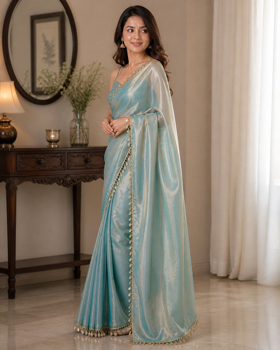 Sky Blue Shimmer Saree with Elegant Tassel Lace Border