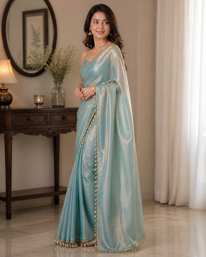 Sky Blue Shimmer Saree with Elegant Tassel Lace Border
