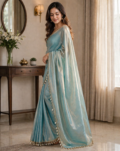 Sky Blue Shimmer Saree with Elegant Tassel Lace Border