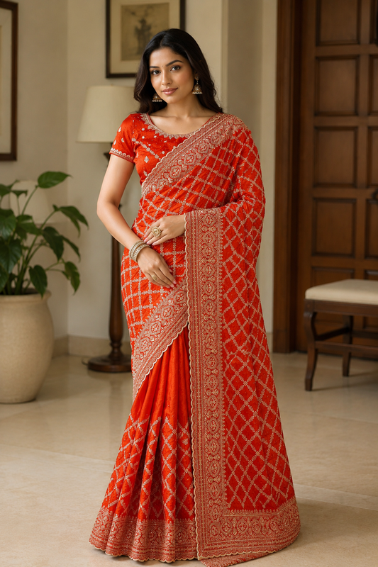 Radiant Orange Woven Banarasi Silk Saree with Intricate Zari Lattice Design & Rich Border