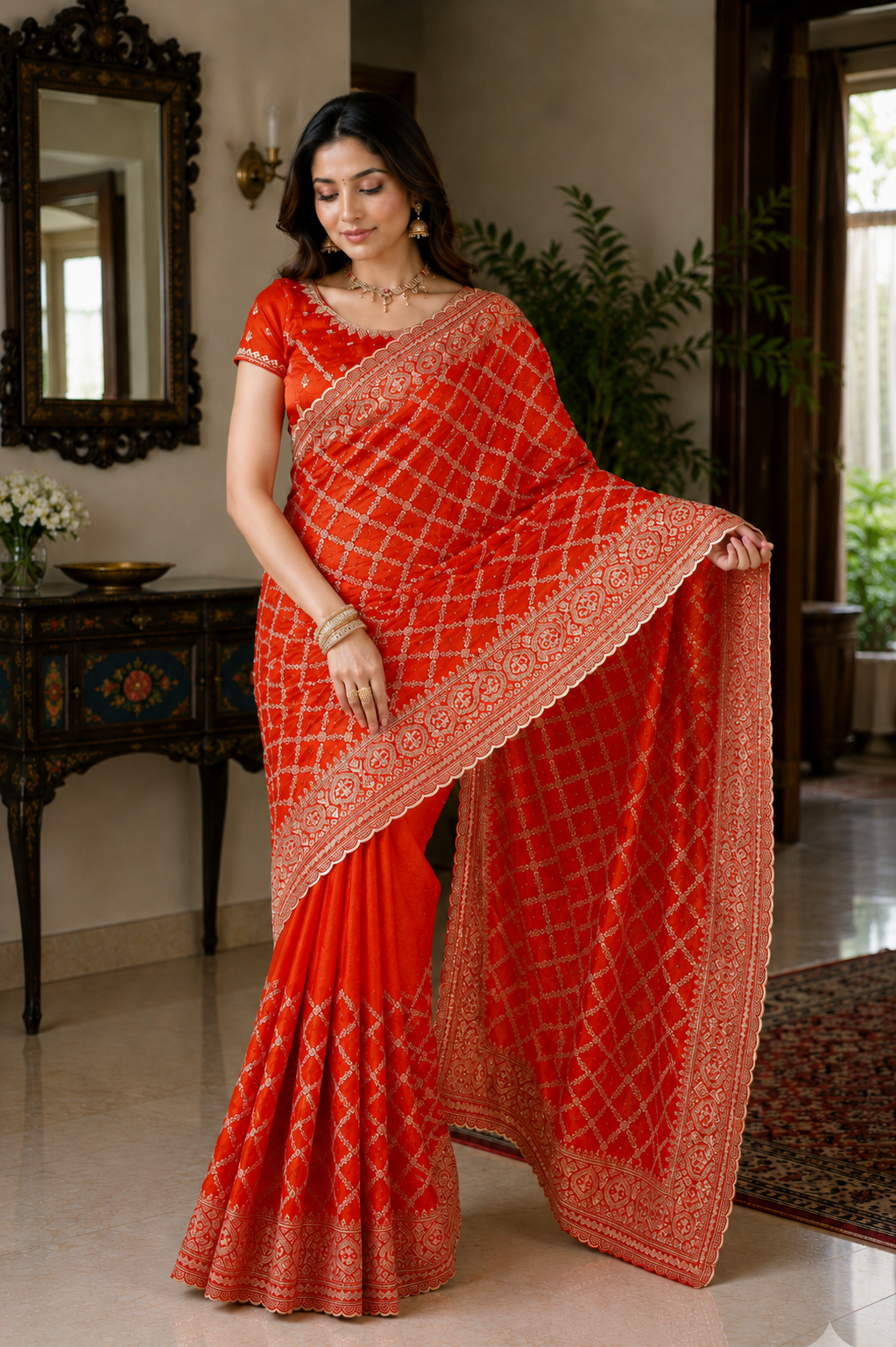 Radiant Orange Woven Banarasi Silk Saree with Intricate Zari Lattice Design & Rich Border