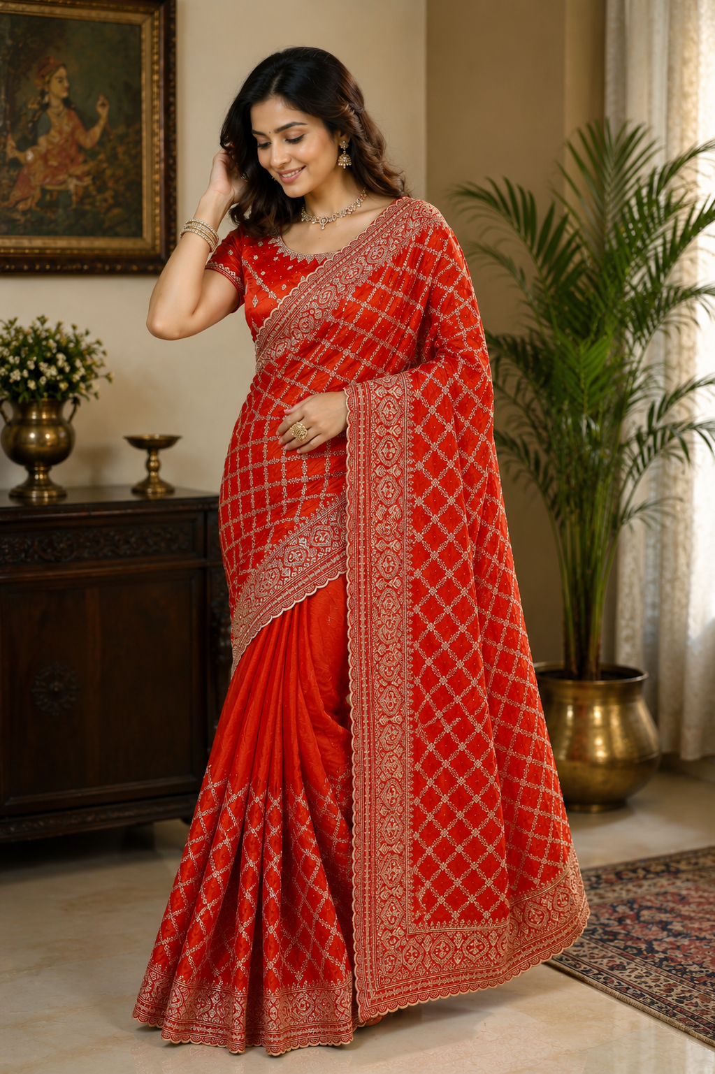 Radiant Orange Woven Banarasi Silk Saree with Intricate Zari Lattice Design & Rich Border