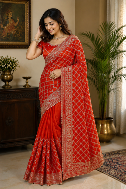 Radiant Orange Woven Banarasi Silk Saree with Intricate Zari Lattice Design & Rich Border