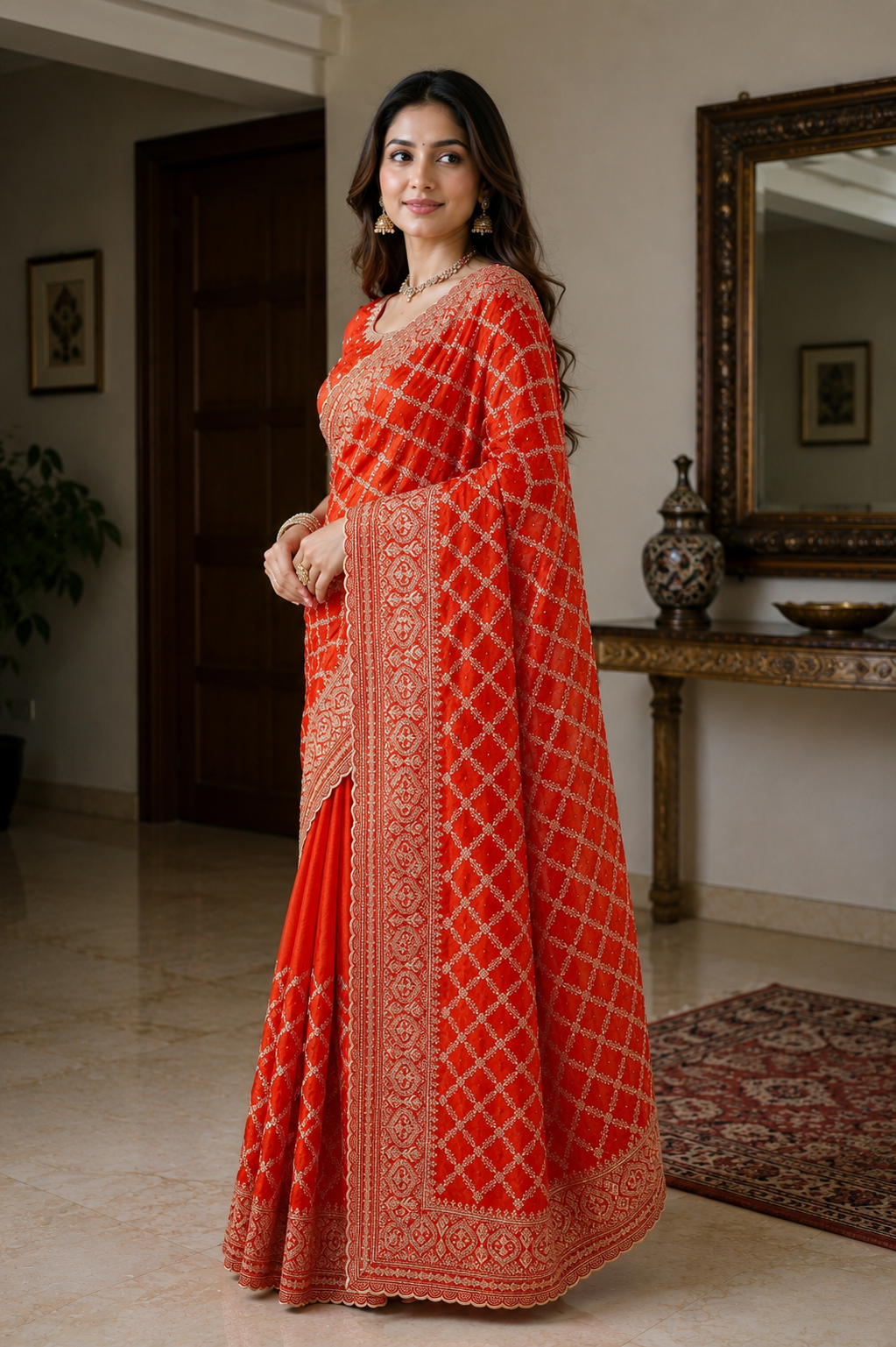 Radiant Orange Woven Banarasi Silk Saree with Intricate Zari Lattice Design & Rich Border