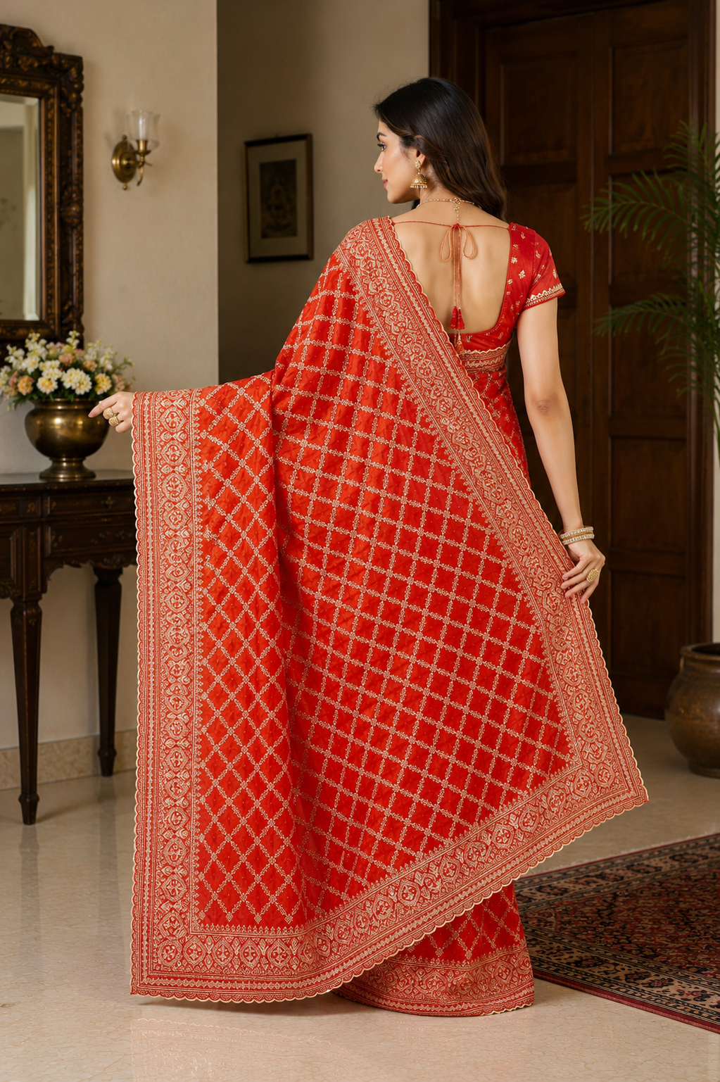 Radiant Orange Woven Banarasi Silk Saree with Intricate Zari Lattice Design & Rich Border