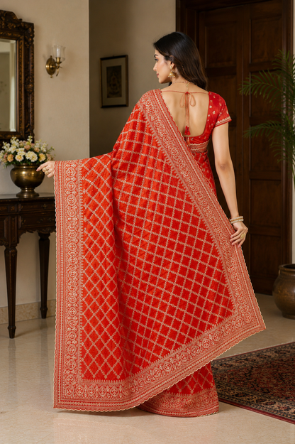 Radiant Orange Woven Banarasi Silk Saree with Intricate Zari Lattice Design & Rich Border
