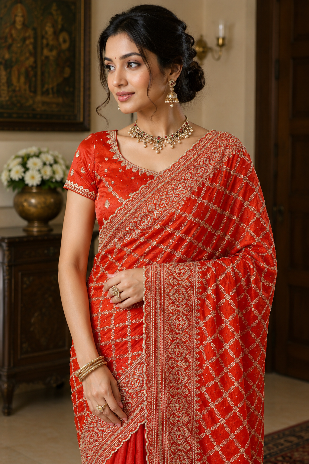 Radiant Orange Woven Banarasi Silk Saree with Intricate Zari Lattice Design & Rich Border