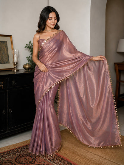 Dusty Mauve Shimmer Saree with Coin Lace Border & Designer Blouse