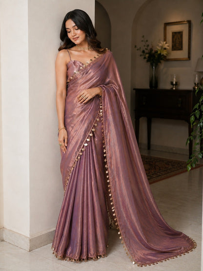 Dusty Mauve Shimmer Saree with Coin Lace Border & Designer Blouse