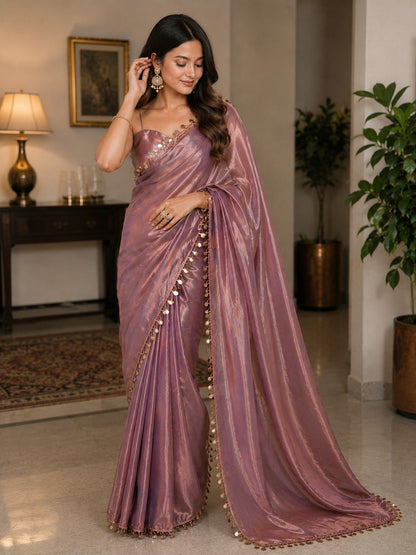 Dusty Mauve Shimmer Saree with Coin Lace Border & Designer Blouse