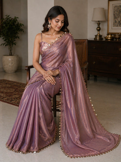 Dusty Mauve Shimmer Saree with Coin Lace Border & Designer Blouse