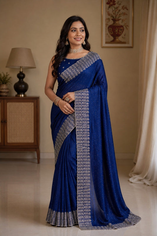 Royal Blue Embellished Party Wear Saree with Designer Border