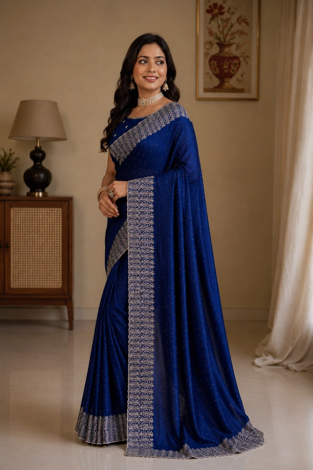 Royal Blue Embellished Party Wear Saree with Designer Border