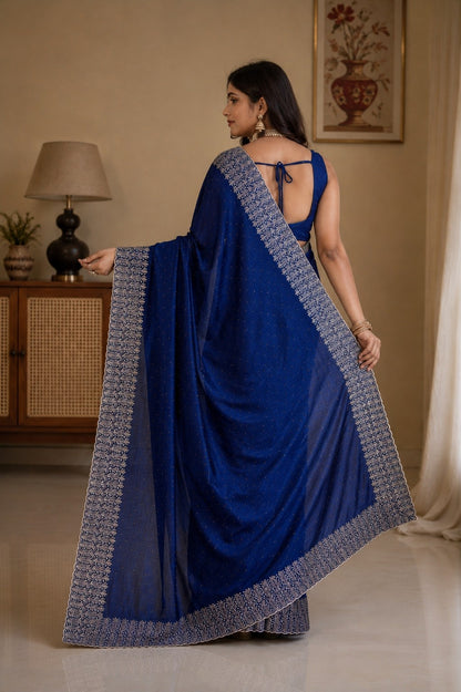 Royal Blue Embellished Party Wear Saree with Designer Border