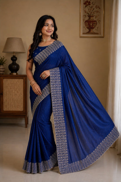 Royal Blue Embellished Party Wear Saree with Designer Border