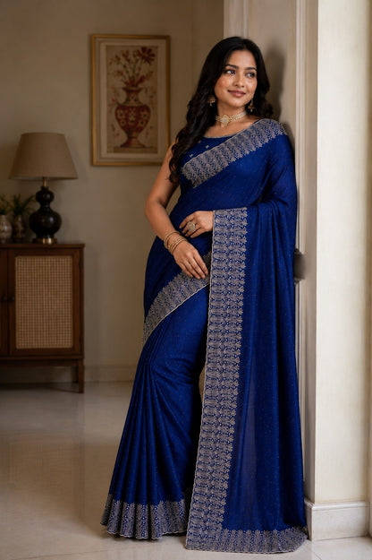 Royal Blue Embellished Party Wear Saree with Designer Border