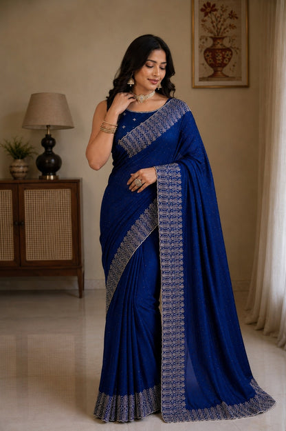 Royal Blue Embellished Party Wear Saree with Designer Border