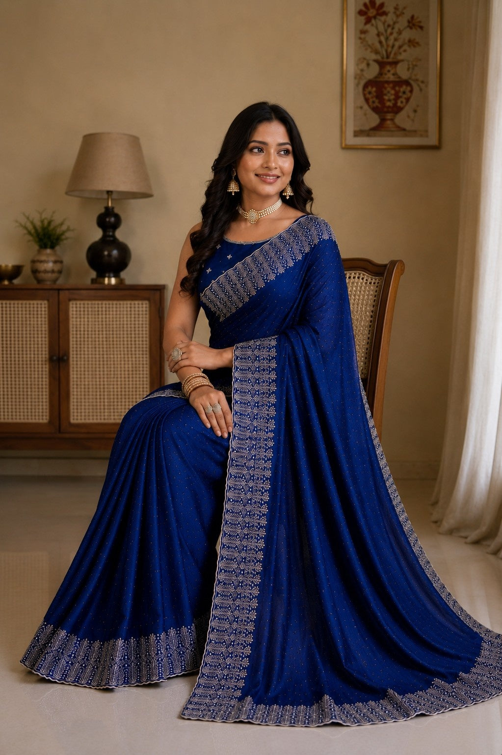 Royal Blue Embellished Party Wear Saree with Designer Border