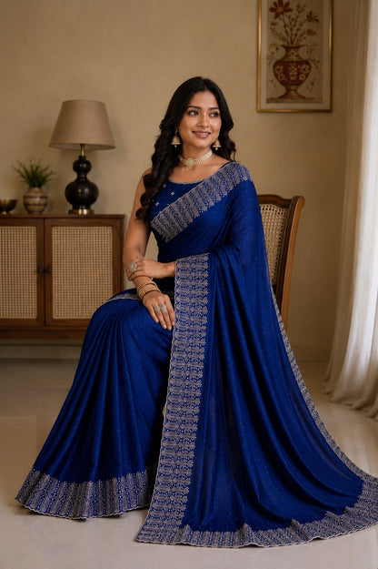Royal Blue Embellished Party Wear Saree with Designer Border