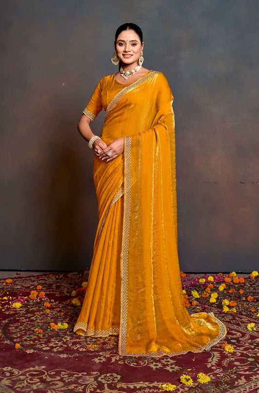 Women's Mustard Shimmer Saree with Embellished Border & Matching Blouse Piece