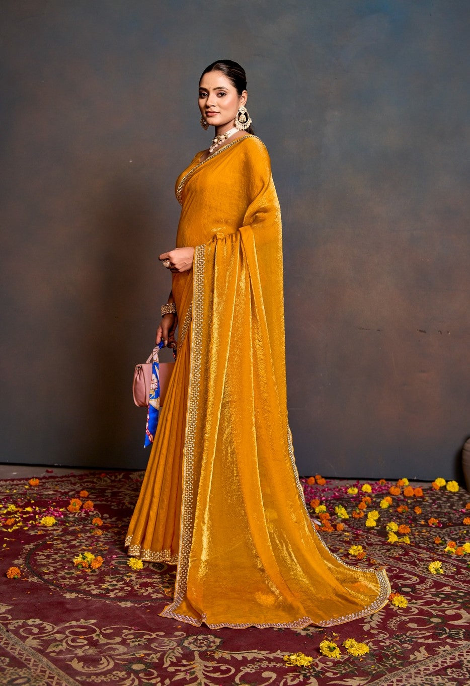 Women's Mustard Shimmer Saree with Embellished Border & Matching Blouse Piece