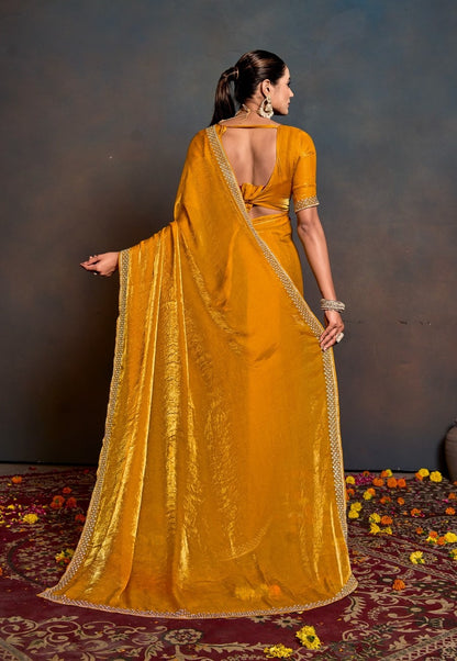 Women's Mustard Shimmer Saree with Embellished Border & Matching Blouse Piece