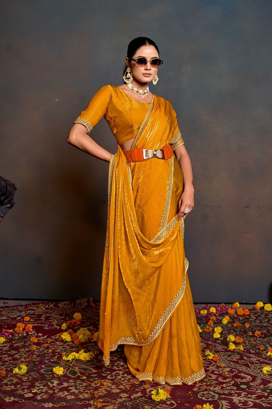 Women's Mustard Shimmer Saree with Embellished Border & Matching Blouse Piece