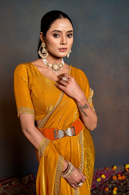 Women's Mustard Shimmer Saree with Embellished Border & Matching Blouse Piece
