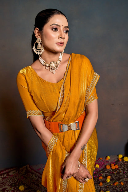 Women's Mustard Shimmer Saree with Embellished Border & Matching Blouse Piece