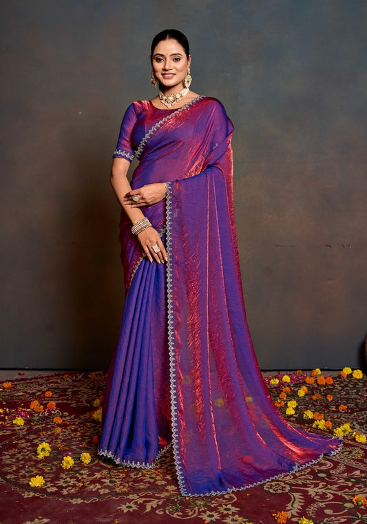 Royal Dual-Tone Purple & Magenta Shimmer Saree with Designer Border