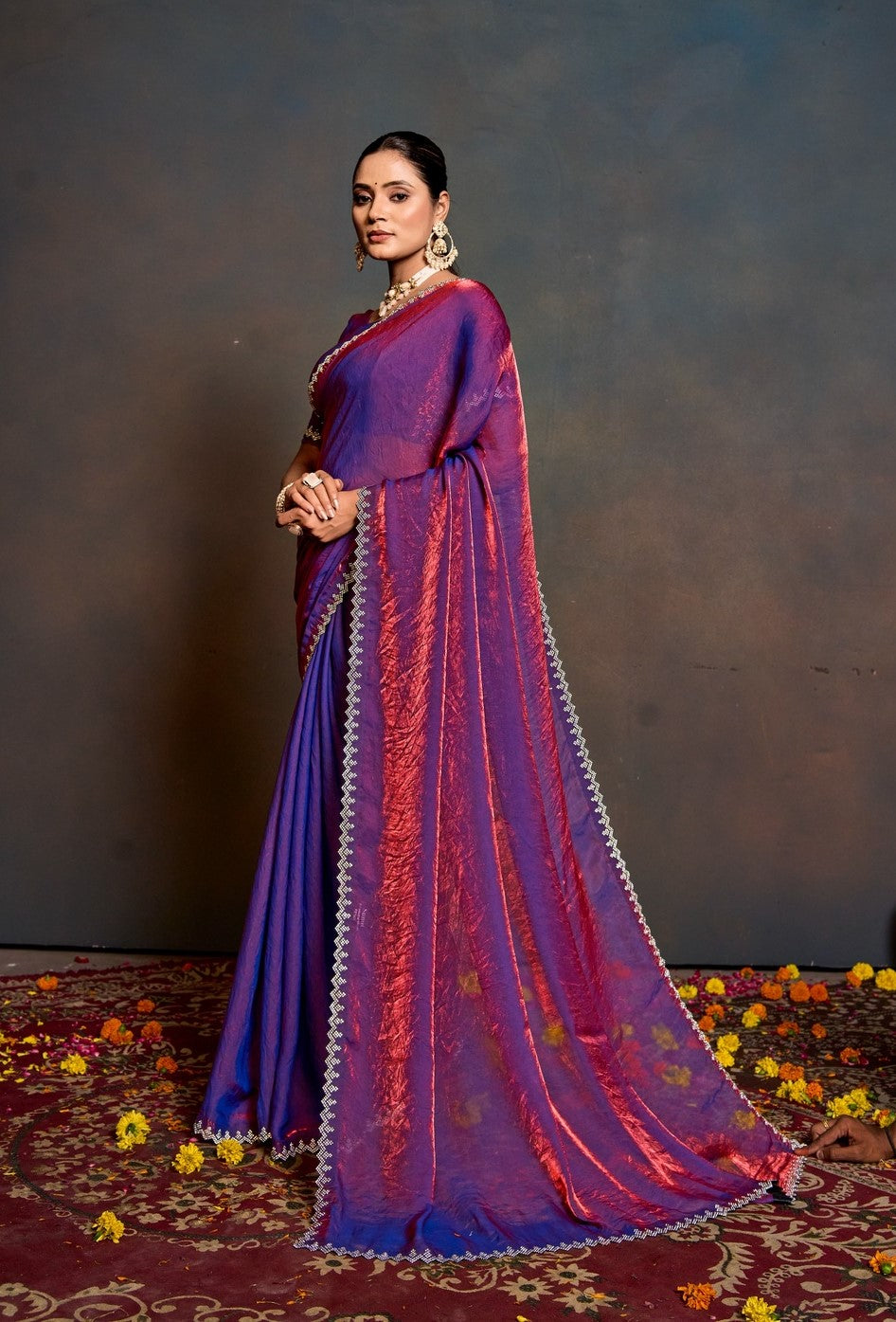 Royal Dual-Tone Purple & Magenta Shimmer Saree with Designer Border