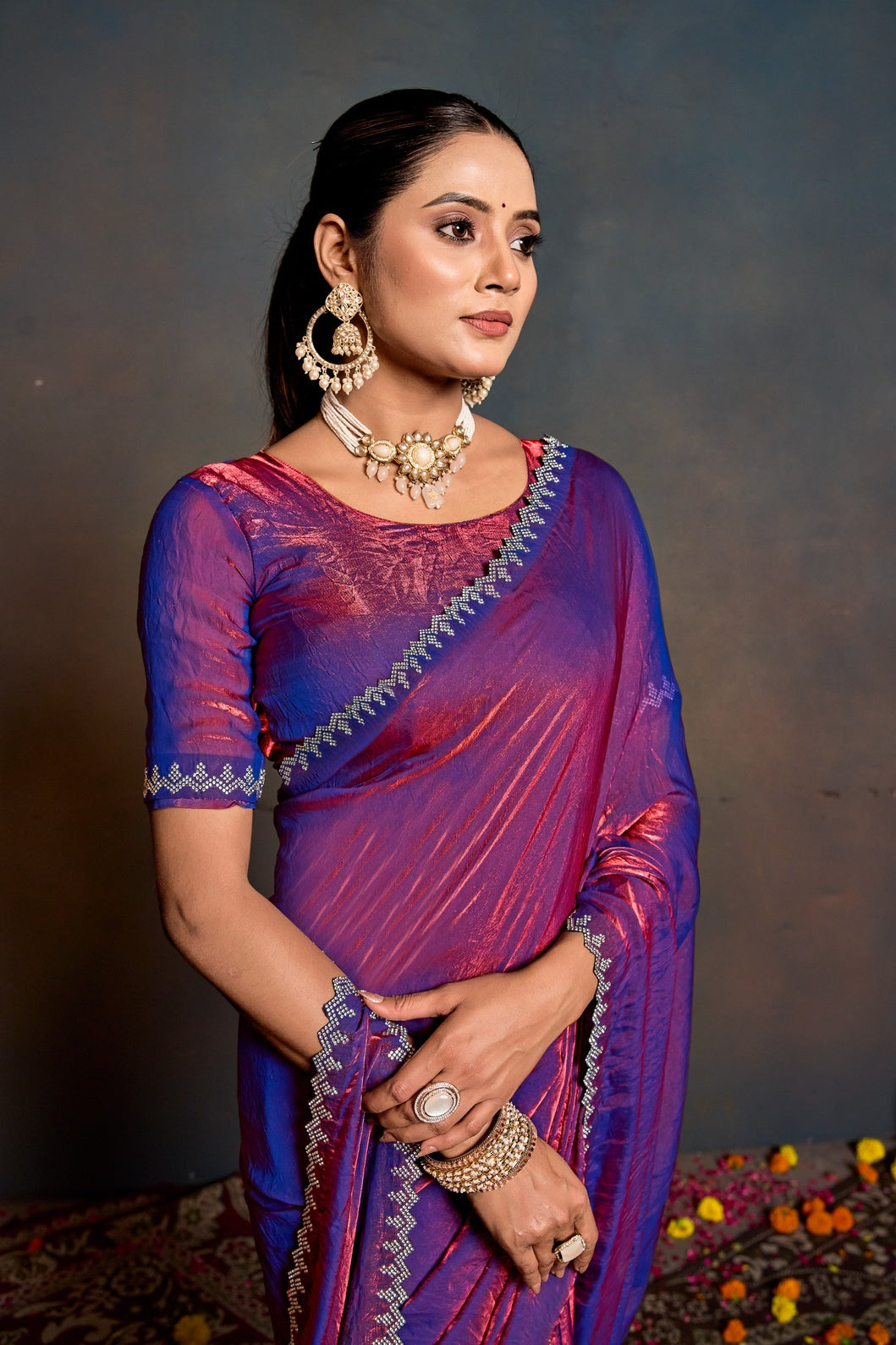 Royal Dual-Tone Purple & Magenta Shimmer Saree with Designer Border