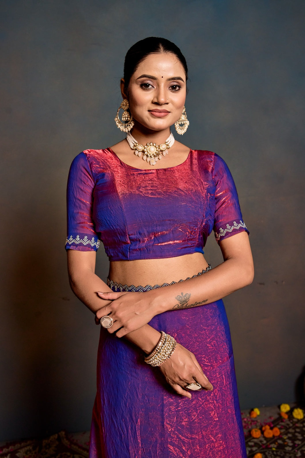 Royal Dual-Tone Purple & Magenta Shimmer Saree with Designer Border