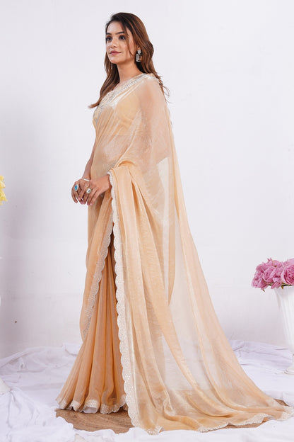 Women's Peach Shimmer Saree with Embroidered Blouse & Scallop Lace Border