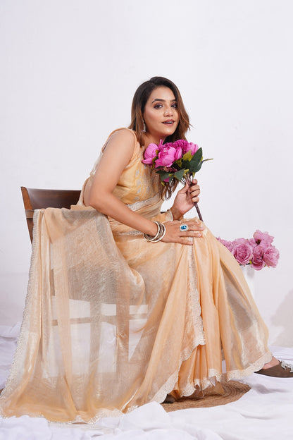 Women's Peach Shimmer Saree with Embroidered Blouse & Scallop Lace Border