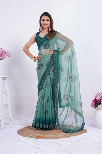 Sea Green Embroidered Organza Saree with Designer Border & Unstitched Blouse Piece